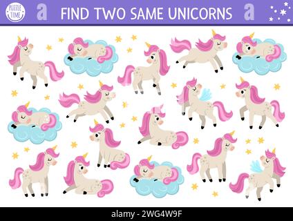 Finde zwei Einhörner. Magic World Matching-Aktivität für Kinder. Fantasy- oder märchenhafte Lernquiz-Arbeitsblatt für Kinder, um Aufmerksamkeit zu erhalten. Sim Stock Vektor