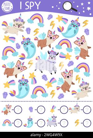Einhorn-ich-Spion-Spiel für Kinder. Suche und Zählung von Aktivitäten mit Regenbogen, Tieren, fallendem Stern. Magisches, Fantasy World druckbares Arbeitsblatt für Prescho Stock Vektor
