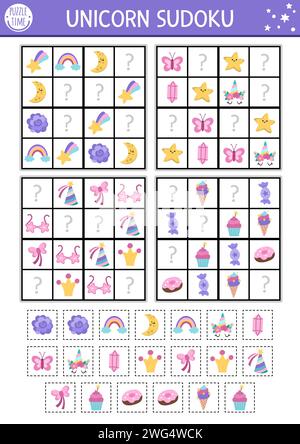 Vektor-Einhorn-Sudoku-Puzzle für Kinder mit Bildern. Einfaches Märchenquiz mit Schnitt- und Klebeelementen. Bildungsaktivität oder Ausmalseite mit Regenbos Stock Vektor