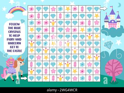 Einhornlabyrinth, Suche und finde Spiel mit Edelsteinen, Sternen, Blumen. Puzzle mit Aufmerksamkeitsfähigkeiten. Märchenhafte, druckbare Aktivität für Kinder. Logisches Suchpuzzle. Stock Vektor