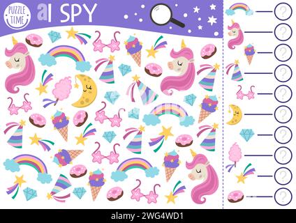 Einhorn-ich-Spion-Spiel für Kinder. Suche und Zählung von Aktivitäten mit Regenbogen, Kristall, fallendem Stern. Magisches, Fantasy World druckbares Arbeitsblatt für Prescho Stock Vektor