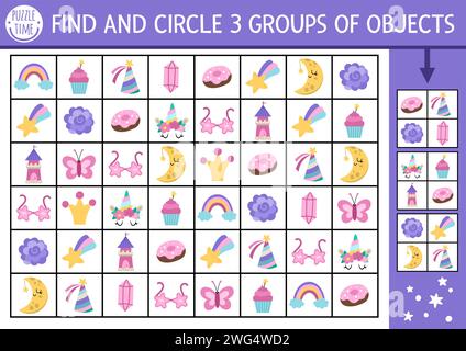 Einhorn Suche und finde Spiel mit magischen Elementen. Aufmerksamkeit Fähigkeiten Training Puzzle mit Regenbogen, Kristall, Stern. Märchenhafte, druckbare Aktivität für Kinder. F Stock Vektor