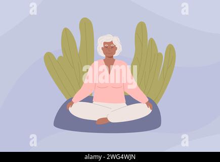 Ältere afrikanische weibliche Person, die im Park sitzt und Yoga oder Meditation praktiziert. Moderne ältere Frau mit gekreuzten Beinen geschlossene Augen meditieren. Stock Vektor