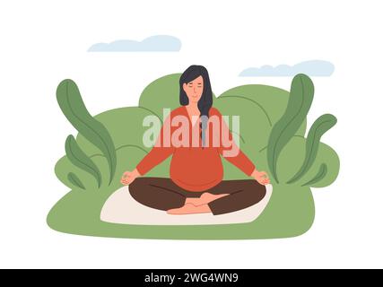 Schwangere Frau, die im Freien meditiert. Pränatales Yoga. Frau im Park sitzend mit gekreuzten Beinen und übte Meditation. Entspannende Bewegung während der Schwangerschaft Stock Vektor