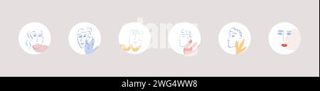 Set von von matisse inspirierten Ausschnitten und Gesichtern, die Symbole im Kreis bilden. Sammlung für Geschichten in sozialen Medien, Blogbeiträge oder Titelseiten mit abstraktem Porträt Stock Vektor