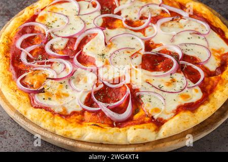 Pizza pugliese ist eine dünne Pizza, die mit Tomatensauce, Käse und vielen Zwiebeln auf einem Holzbrett auf dem Tisch bedeckt ist. Horizontal Stockfoto