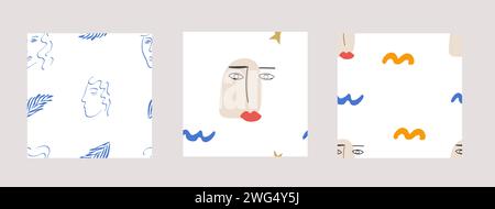 Trendiges Set nahtloser Muster mit abstrakten, von Matisse inspirierten Formen und menschlichen Gesichtern. Sammlung von Porträts und geometrischen Formen in Simple Stock Vektor