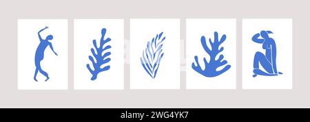 Matisse inspirierte moderne Poster mit abstrakten Frauenfiguren und Algen oder Korallen auf weißem Hintergrund. Zeitgenössische Wandkunst aus der Mitte des Jahrhunderts. Farbig Stock Vektor