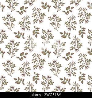 Nahtloses Rosenmuster in Wasserfarben. Nahtloses Muster auf einem mit Blättern, Augenlidern und Hüftrosen. Blumen-Wildblumen-Illustration für Design Stockfoto