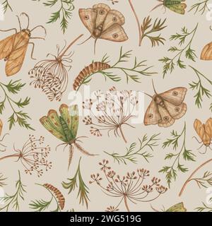 Aquarellmuster mit Blumen, Schmetterlingen, Käfern. Trendiger Herbst-Print. Floraler Hintergrund der Natur. Handgezeichnete Vintage Botanical für Dekoration Stockfoto
