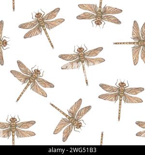 AquarellLibellen sind ein nahtloses Muster, das aus einzelnen Libellen besteht. Eine handgezeichnete Abbildung. Stylischer Retro-Druck zum Drucken Stockfoto