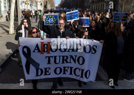 Madrid, Madrid, Spanien. Februar 2024. Anwälte und Anwälte aus verschiedenen Verbänden und Gruppen in Spanien, mit Spruchbändern und Gewändern, während einer Demonstration durch die Hauptstraßen Madrids, die einen fairen Ruhestand forderten und eine würdevolle Rechtshilfe forderten. (Kreditbild: © Luis Soto/ZUMA Press Wire) NUR REDAKTIONELLE VERWENDUNG! Nicht für kommerzielle ZWECKE! Stockfoto