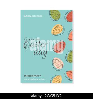 Vertikale Einladungskarte oder Poster zum Happy Easter Day. Moderne Ostereier im minimalen geometrischen Stil. Vektorabbildung in abgewickelter Form Stock Vektor