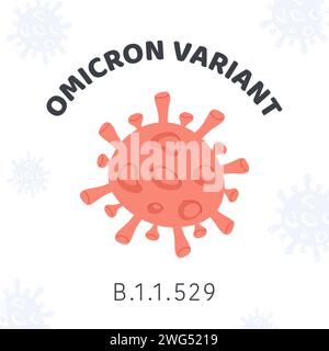Omicron COVID-Variante. Quadratisches Banner mit roten Bakterien des Coronavirus auf weißem Hintergrund. Vektorkarte oder Illustration in flachem Cartoon-Stil Stock Vektor