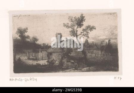 Blick auf den Bauernhof und das Dorf, Jean Pierre Norblin de la Gourdainaine, 1778 Druckpapier-Ätzfarm oder einsames Haus in Landschaft. Am Rande des Dorfes Stockfoto