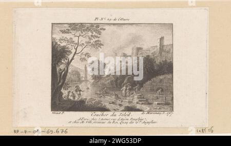 Flusslandschaft mit Wachsen, Antoine de Marcenay de Ghuy, nach Claude Joseph Vernet, 1767 Druck nummeriert in der Mitte: pl. Nr. 29. De L'oeuvre. Paris Papierätzung Fluss. Geldwäsche. Sonnenuntergang Stockfoto