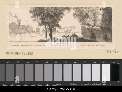 Flusslandschaft mit Fischern, Antoine de Marcenay de Ghuy, 1773 Druck nummeriert in der Mitte: pl. Nr. 43 de L'oeuvre. Paris Papierätzung Fluss. Angeln Stockfoto