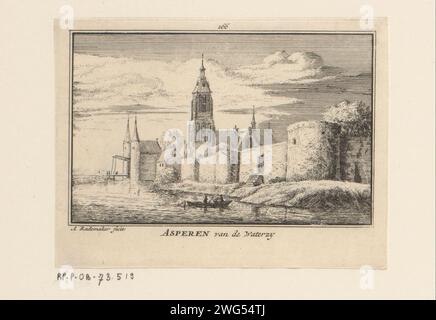 Ansicht von Asperen, Abraham Rademaker, 1727 - 1733 Druck Ansicht von Asperen und ein Teil der Stadtmauer, vom Wasser aus gesehen. Im Vordergrund drei Figuren in einem Ruderboot. Die Kirche in der Mitte. Links im Hintergrund die Heukelumse Poort. Amsterdamer Papierkirche (außen). Stadttor. Ruderboot, Kanu usw. Stadtmauern Asperen. Die salzigen ** Stockfoto