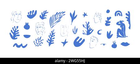 Set aus trendigen Kritzeleien abstrakter Naturelemente auf isoliertem weißem Hintergrund. Große Kollektion organischer Formen im freihändigen Matisse-inspirierten Kunststil. W Stock Vektor