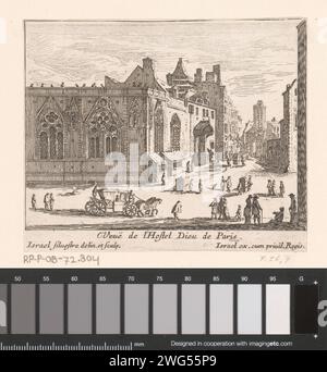 Blick auf das Krankenhaus Hôtel -Dieu in Paris, Israel Silvestre, 1631 - 1661 Druck Frankreich Papier Gravur Landschaft mit Turm oder Schloss. Hôtel, d.h. kleiner Palast im städtischen Krankenhaus Stockfoto