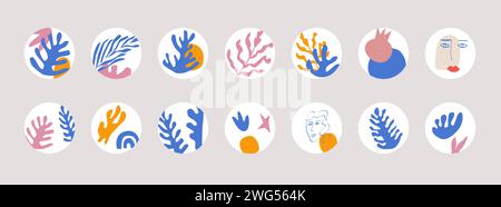 Abstrakte Story Highlight Cover. Mid Century zeitgenössische Matisse inspirierte Kunst Social Media Geschichten, minimales Vektordesign im flachen handgezeichneten Stil Stock Vektor