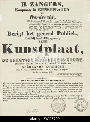 Bekanntmachung des Erscheinens eines Druckes der Trauerprozession von Königin Wilhelmina van Pruisen in Delft, 1837, 1837 - 1838 Textblatt gedruckte Bekanntmachung des Verlegers über die Veröffentlichung der Trauerprozession von Königin Wilhelmina van Pruisen und Berichterstattung über die Unterschrift für einen Druck der Trauerprozession von Königin Wilhelmina van Pruisen, die Ehefrau von König Wilhelm I., der am 12. Oktober 1837 in Delft starb. Beidseitig bedruckt. Gehört zum Ausdruck. Dordrecht Papier Buchdruck Cordrecht, Trauerzug Delft. Neue Kirche Stockfoto