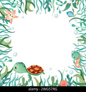 Aquarellrahmen mit niedlichen Schildkröten, Algen, Seesternen, Korallenriffen, Fischen, Seepferdchen usw. Illustration für Design, Druck oder Hintergrund Stockfoto