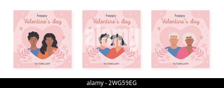 Set quadratische Grußkarte zum Valentinstag mit verschiedenen Paaren. Moderne Senioren in romantischen Beziehungen. Afrikanische oder asiatische Männer und Frauen Stock Vektor