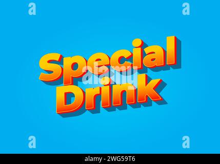 Spezialgetränk. Texteffekt-Design im 3D-Look. Gelbe rote Farbe. Hellblauer Hintergrund Stock Vektor