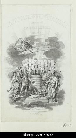 Allegory beim 2. Jahrhundert Festival des Athenaeum Illustre in Amsterdam, 1832, 1832 Zeichnung Allegory beim 2. Jahrhundert Festival (1632–1832) des Athenaeum Illustre in Amsterdam, gefeiert am 10-12. Januar 1832. Allegorische Figuren, darunter Apollo und Minerva, gesammelt mit Lorbeerkränzen um einen Altar, auf dem der Wapen van Amsterdam steht. In der Wolke der Vaterzeit. Designzeichnung für die gravierte Titelseite eines Gedenkbuchs. Niederlande Papier. Bleistift. Kreidestift / Pinsel Vaterzeit, Mann mit Flügeln und Sense Athenaeum Illustration Stockfoto
