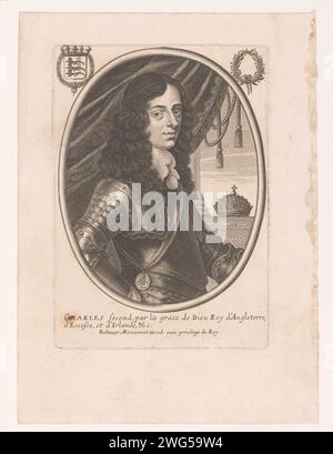 Porträt von Karl II. Von England, Anonym, Balthazar Moncornet, 1660–1668 Druckverlag: ParisFrance Papierstich historischer Personen. king. Waffenlager, Heraldik Stockfoto