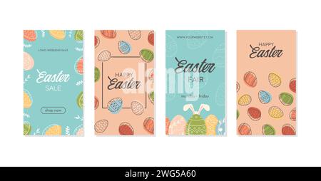 Set aus Vorlagen für „Happy Easter“ in sozialen Medien, Verkaufsbanner, Grußkarten oder vertikalen Poster mit Platz für Text. Hasenohren und Ostereier drin Stock Vektor