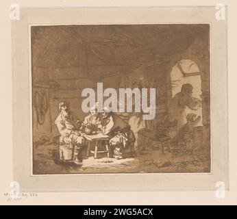 Innenraum mit drei Männern an einem Tisch, Jean Baptist Leprince, 1768 Druck drei Männer sitzen um einen Tisch in einem Innenraum. Hinter ihnen steht eine Frau an einer Wiege. Eine alte Frau und ein Kind stehen am Fenster. Papier, das eine menschliche Figur am (offenen) Fenster einätzt, von innen gesehen. Wiege, Kinderbett Stockfoto