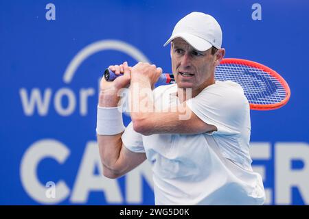 Luke Saville aus Australien in Aktion während der Qualifikation für das Canberra International ATP Challenger 125 Turnier 2024 Stockfoto