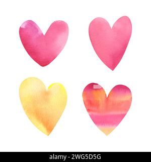 Aquarellherzen in verschiedenen Farben in einem Set auf weißem Hintergrund. Die Abbildung ist handgezeichnet. Der Feiertag ist Valentinstag. Postkarte, Templa Stockfoto