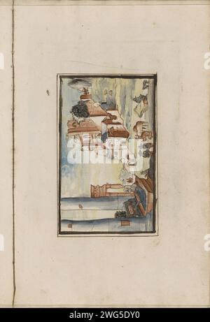 Tiere und Figuren am Rande einer Stadt, 1696 im Vordergrund eine Frau, die ihre Hände in ein Wasserbecken legt, das zwischen zwei Säulen steht. Im Hintergrund die Stadt, auf einem Hügel gebaut. Seite 71 Recto aus einem Skizzenbuch mit 91 Blättern. Papier. Tinte. Aquarell (Farbe) Stift / Pinsel Stadt-Ansicht und Landschaft mit künstlichen Bauten (+ Stadt(-Landschaft) mit Figuren, Personal) Stockfoto