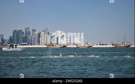 Doha, Katar. Februar 2024. Die Athleten schwimmen während des 10 km langen Freiwasserfinales der Frauen bei der Wassersport-Weltmeisterschaft 2024 in Doha, Katar, 3. Februar 2024. Quelle: Xia Yifang/Xinhua/Alamy Live News Stockfoto