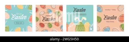 Happy Easter Set aus Werbebändern, Grußkarten, Poster, Weihnachtsbriefen oder Post in sozialen Medien. Trendige abstrakte Vorlagen auf dem Osterfeld. Moderne Kunst in Stock Vektor
