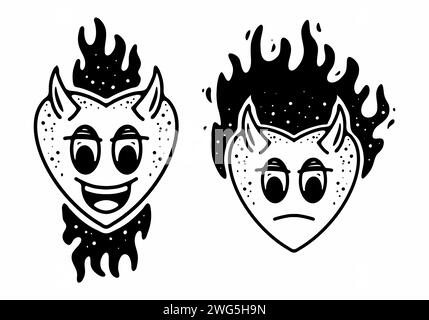 Schwarz-weiße Farbe des Herzens mit Horn Line Art Tattoo Design Stock Vektor