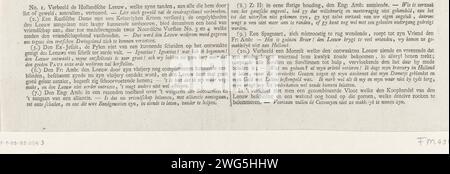 Deklaration des Zeichentrickfilms: De Nederlandse Leeuw Awake, 1780, Anonym, 1780 Textblatt Textblatt mit einer Aussage aus der Show des Zeichentrickfilms: Der niederländische Löwe, der zuvor durch Liste und Gewalt angegriffen wurde, ist nun erwacht. Cartoon über die politischen Ereignisse im Jahr 1780. Text in zwei Spalten mit Angabe der Abbildungen 1-10. Nordholländische Buchdruckpapiere, die politische Karikaturen und Satiren drucken. Vierter Englisch-Niederländischer Krieg Stockfoto