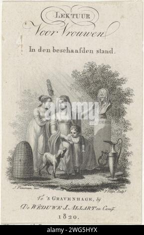 Drei Generationen von Frauen in einer Büste der personalisierten Bescheidenheit, Philippus Velijn, nach J. Pieneman, 1820 drucken drei Generationen von Frauen in einer Büste einer verschleierten Frau auf einem Podest, auf dem der Text: Modeste. Rechts im Vordergrund ein Geschenkkrug und links ein Bijenkorf. Zu den Füßen der sitzenden Frau liegt ein Hund und das Podest des Bildes eine Winde. Die Frau hat einen sich drehenden Rock. Das Haager Papier ätzt Diskretion, Bescheidenheit; 'Diskretione', 'Modestia' (Ripa). Familienbeziehungen (erster, zweiter, dritter und vierter Grad), Generationen. Bienenstock. Behälter mit Keramik: Glas, Kanne, Topf Stockfoto