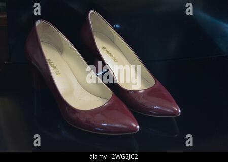 Der reine modische Stil, dunkle Kirschlackschuhe mit spitzer Spitze, Damenschuhe mit Absatzschuhen aus echtem Leder. Stockfoto