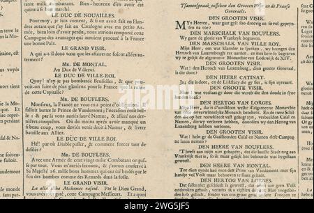 Textblatt zum Zeichentrick mit der Beerdigung der Monarchie von Lodewijk XIV, 1695, Pierre du Pré, 1695 Druck. Textblatt Textmagazin bei dem Cartoon über die Franzosen nach dem Verlust von Namen und Casal Monferrato in Italien und dem Tod von Francois Henri de Montmorency, Herzog von Luxemburg 1695. Texte in 4 Spalten auf Französisch und Niederländisch. Am Ende der falschen Adressen des Verlags in Paris. Paris Papier Letterpress Printing Name (Stad). Casale Monferrato Stockfoto
