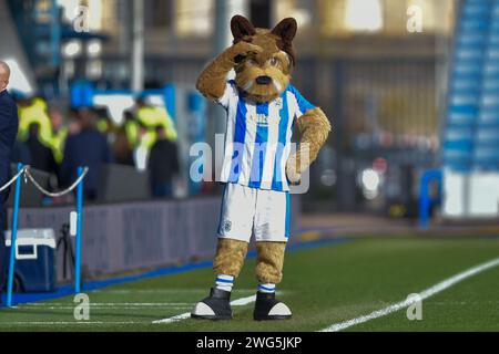 Huddersfield Towns Mascot Terry the Terrier sieht vor dem Sky Bet Championship Match Huddersfield Town vs Sheffield Wednesday im John Smith's Stadium, Huddersfield, Großbritannien, 3. Februar 2024 (Foto: Craig Cresswell/News Images) Stockfoto