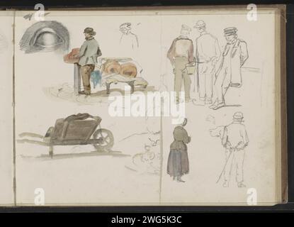 Lernblatt mit Wagen, Auge und Figuren, 1859 - 1864 Blatt 35 Recto aus einem Skizzenbuch mit 77 Blättern. Papier. Bleistift. Anatomie der Aquarellpinsel (nicht medizinisch). Handwagen. Augen Stockfoto