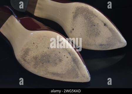 Der reine modische Stil, dunkle Kirschlackschuhe mit spitzer Spitze, Damenschuhe mit Absatzschuhen aus echtem Leder. Stockfoto