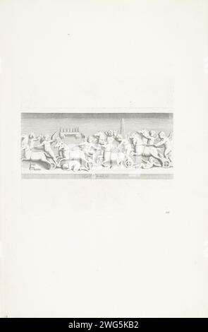 BAS-Relief einer Gruppe von Putten und Pferden, Reinier van Persijn, nach Joos de Pape, 1640 Druck römischer Bassreliefs einer Gruppe Putti, die in einer Parade laufen und Pferde mit ihnen füttern. In der Mitte des Wappens von Vincenzo Giustiniani. Druck aus einer Publikation mit Reproduktionsdrucken zu den Skulpturen der Sammlung in der Galleria Giustiniani in Rom. Rom Papierstich Skulptur, Reproduktion einer Skulptur. Cupiden: 'amores', 'amoretti', 'Putti'. Ein Pferd an den Zügeln zu führen; Reiter neben seinem Pferd Stockfoto