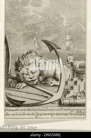 Der britische Hund stört den schlafenden Niederländer Leeuw, CA. 1780-1783, Anonym, 1780 - 1783 Print Cartoon, in dem der niederländische Löwe auf einem Anker schläft, wird von einem britischen Hund gestört. Mit wechselseitiger Beschriftung. Teil einer Serie von sechs kleinen Aufführungen über die Spannungen zwischen England und den Niederlanden, CA. 1780-1783. Nordniederländische Papierätzung / Gravur politische Karikaturen und Satiren. Vierter Englisch-Niederländischer Krieg Stockfoto