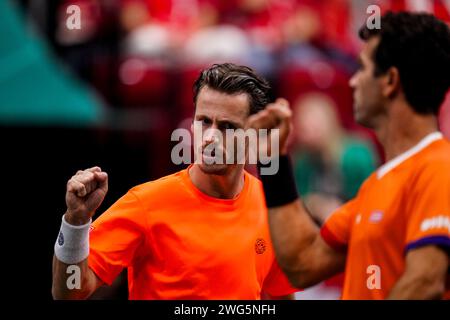 Groningen, Niederlande. Februar 2024. GRONINGEN, NIEDERLANDE - 3. FEBRUAR: Wesley Koolhof am 2. Tag des Davis Cup Qualifikationsspiels 2024 zwischen den Niederlanden und der Schweiz im Martiniplaza am 3. Februar 2024 in Groningen, Niederlande. (Foto: Rene Nijhuis/BSR Agency) Credit: BSR Agency/Alamy Live News Stockfoto