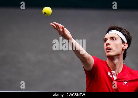 Groningen, Niederlande. Februar 2024. GRONINGEN, NIEDERLANDE - 3. FEBRUAR: Marc-Andrea Huesler am 2. Tag des Davis Cup Qualifikationsspiels 2024 zwischen den Niederlanden und der Schweiz auf der Martiniplaza am 3. Februar 2024 in Groningen, Niederlande. (Foto: Rene Nijhuis/BSR Agency) Credit: BSR Agency/Alamy Live News Stockfoto